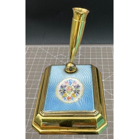 Vintage Sterling Silver Blue Guilloche Enamel  Floral Desktop Pen Holder Paperwe - Picture 5 of 9